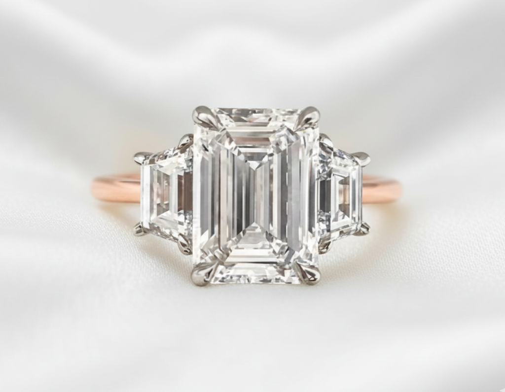Signature Mia Emerald Cut Two Tone Trilogy 3.5-4ct Ring image 8